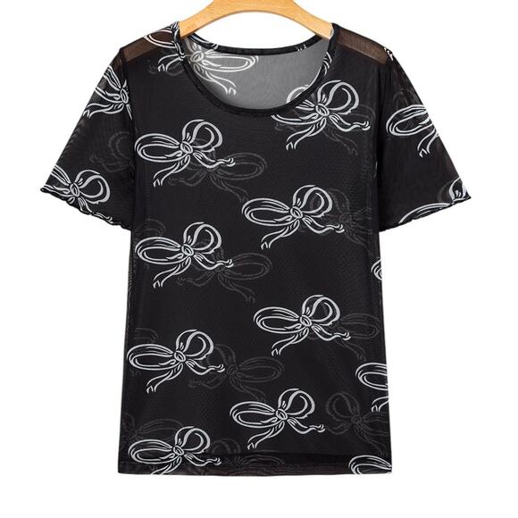 Black Round Neck Bow Print Short  Sleeve Mesh Top New Sizes S M L XL - Picture 2 of 9